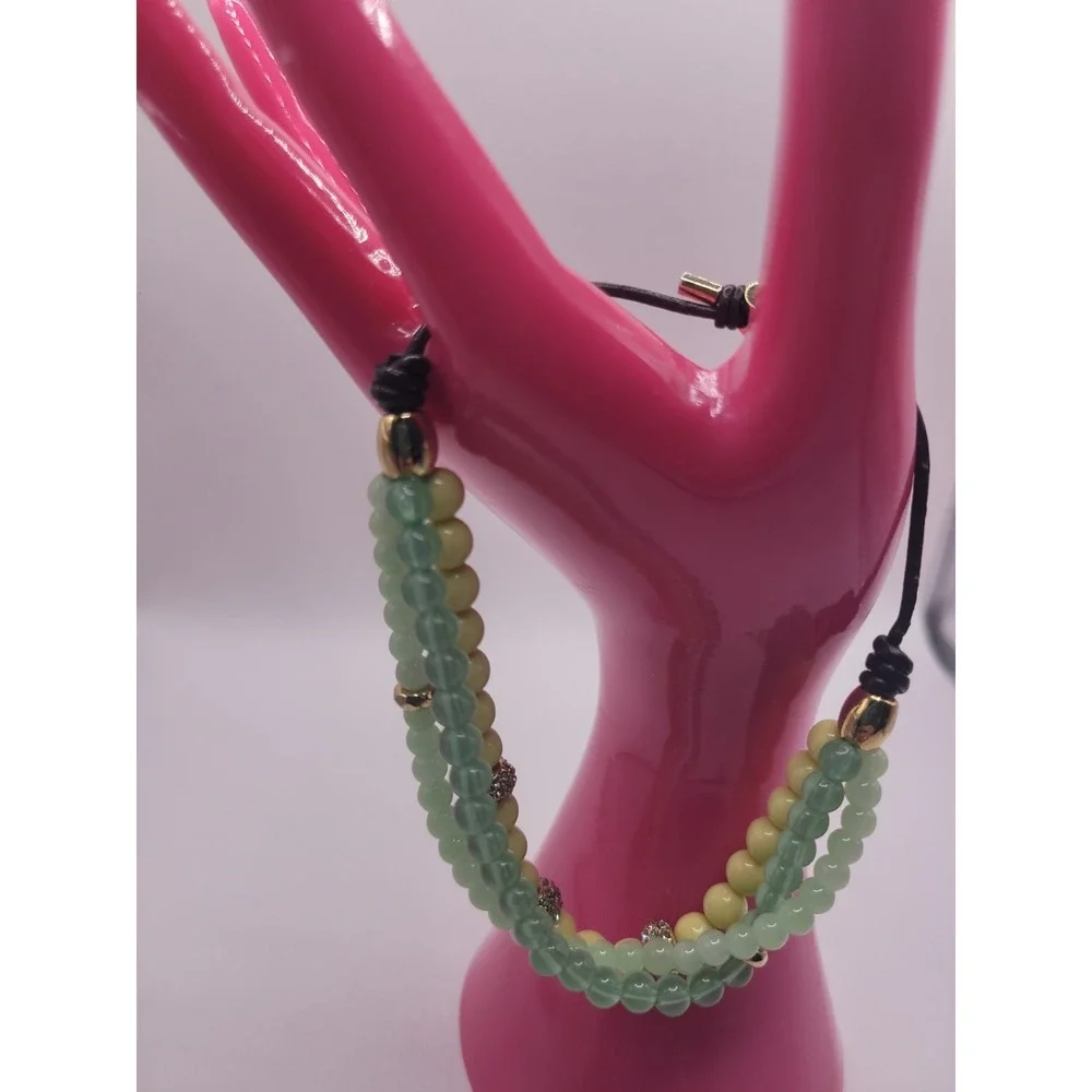 Fossil Green Yellow Multi Strand Beaded Bracelet Gold Tone Crystal Accent Slide